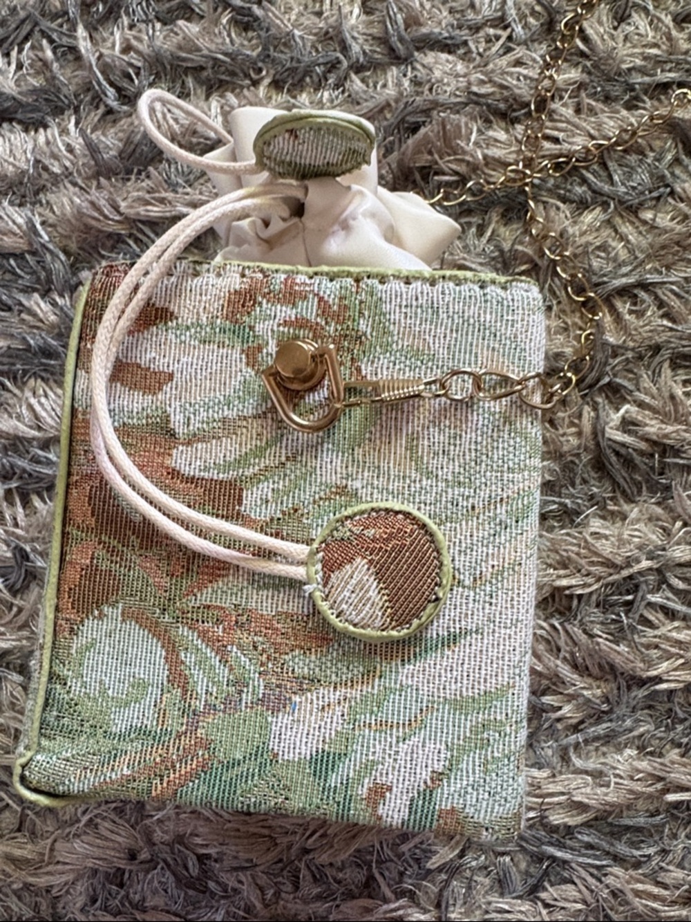 New Floral Tapestry Drawstring Mini Box Bag in Cream Brown and Green - Picture 12 of 12